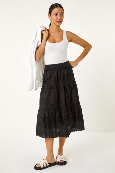 Roman Black Broderie Cotton A Line Midi Skirt