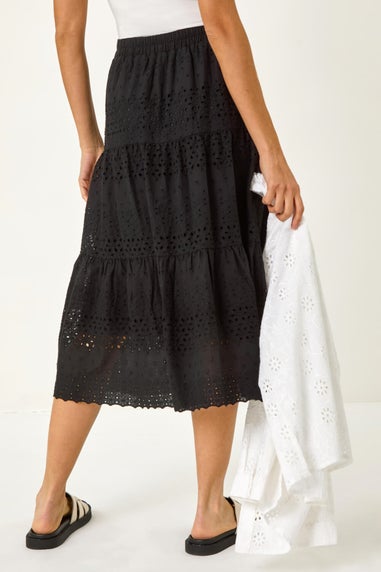 Roman Black Broderie Cotton A Line Midi Skirt