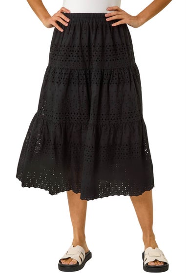 Roman Black Broderie Cotton A Line Midi Skirt