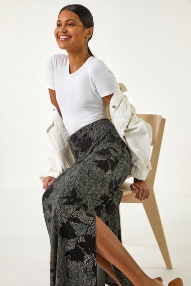 Roman Charcoal Abstract Leaf Print Maxi Skirt