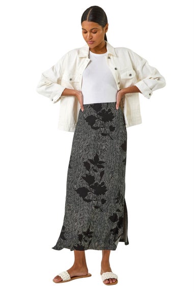Roman Charcoal Abstract Leaf Print Maxi Skirt