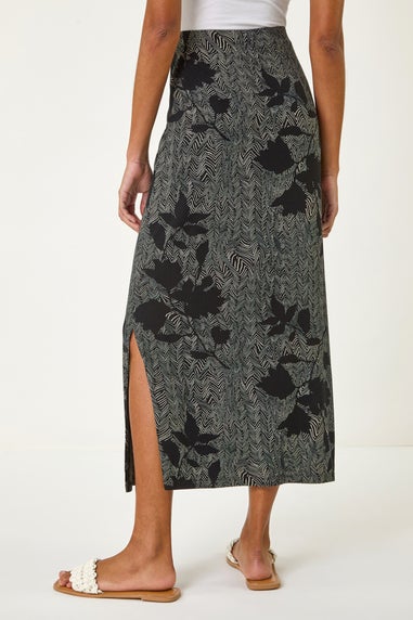 Roman Charcoal Abstract Leaf Print Maxi Skirt