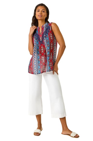 Roman Red Embroidered Abstract Print V Neck Top
