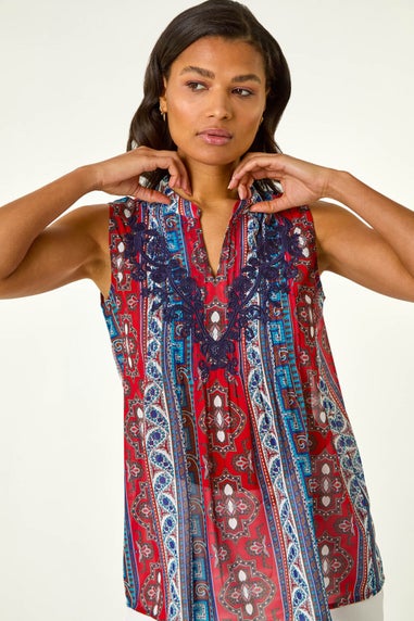 Roman Red Embroidered Abstract Print V Neck Top
