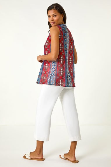 Roman Red Embroidered Abstract Print V Neck Top