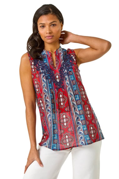 Roman Red Embroidered Abstract Print V Neck Top