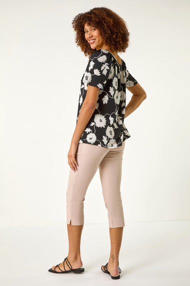 Roman Black Textured Floral Print V Neck Stretch Top