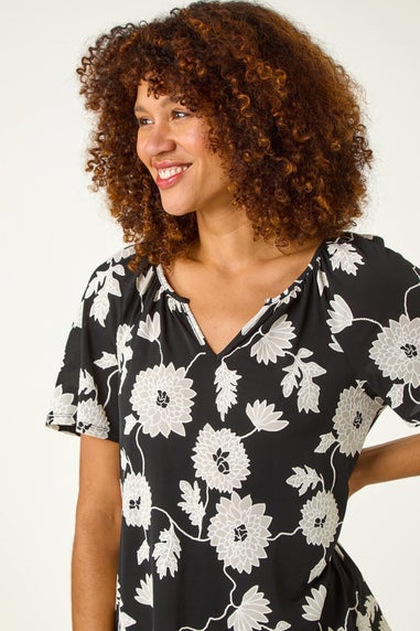 Roman Black Textured Floral Print V Neck Stretch Top