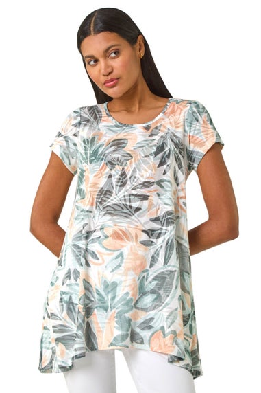 Roman Green Leaf Print Hanky Hem Tunic Top