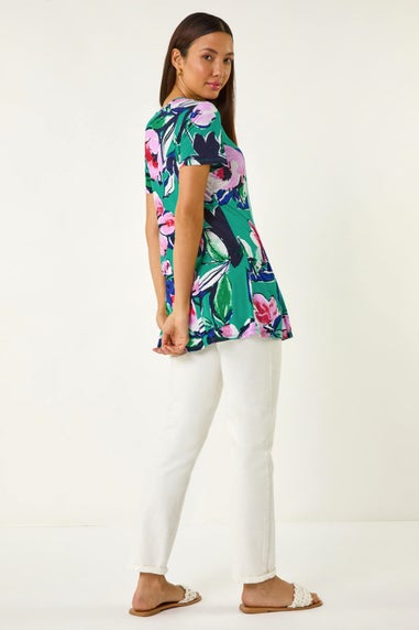Roman Turquoise Textured Floral Tunic Top