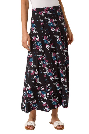 Roman Black Diagonal Ditsy Floral Print Skirt