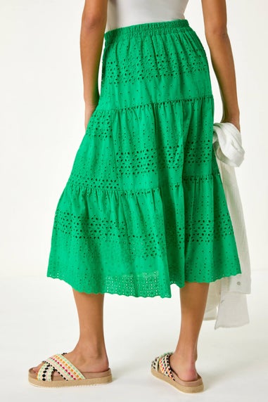 Roman Green Broderie Cotton A Line Midi Skirt