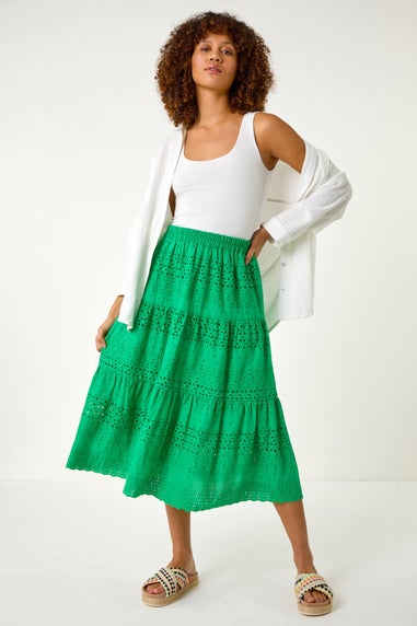 Roman Green Broderie Cotton A Line Midi Skirt