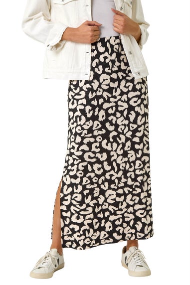 Roman Black Animal Print Maxi Skirt