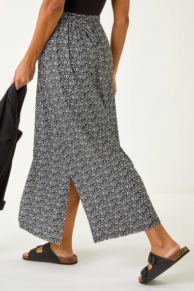 Roman Black Animal Print Split Stretch Skirt