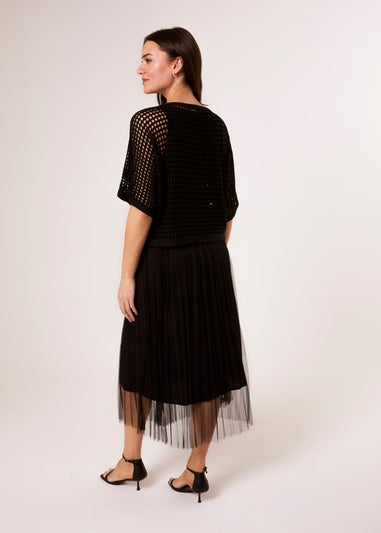 Blue Vanilla Black Crochet Top Pleat Dress