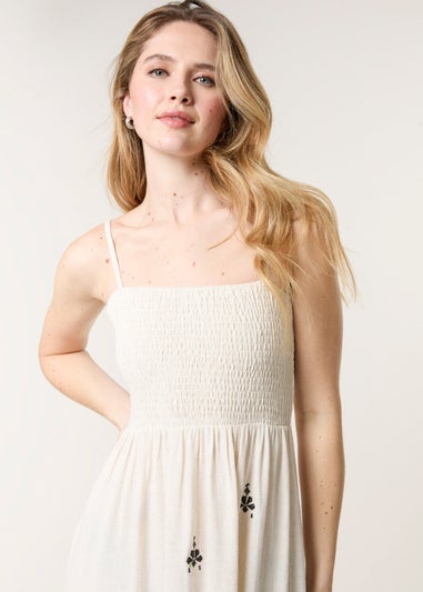Blue Vanilla Cream Shirred Bandeau Linen Maxi Dress