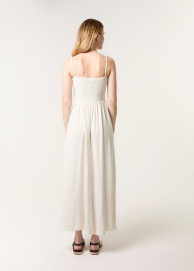 Blue Vanilla Cream Shirred Bandeau Linen Maxi Dress