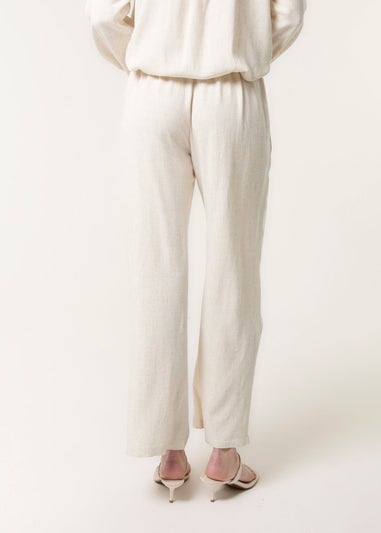 Blue Vanilla Cream Linen Flower Embroidery Trousers
