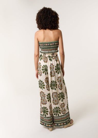 Blue Vanilla Khaki Strapless Elasticated Printed Jumpsuit