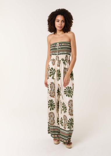 Blue Vanilla Khaki Strapless Elasticated Printed Jumpsuit