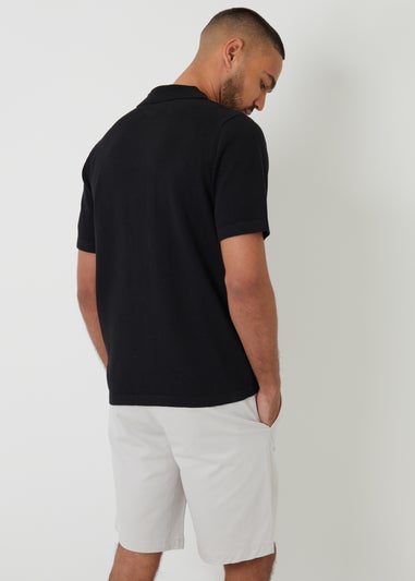 Threadbare Black Textured Panel Revere Collar Knitted Shirt