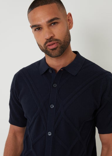 Threadbare Navy Textured Button Through Knitted Polo Shirt
