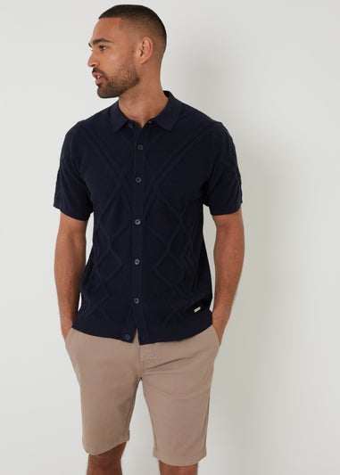 Threadbare Navy Textured Button Through Knitted Polo Shirt