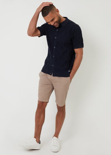 Threadbare Navy Textured Button Through Knitted Polo Shirt