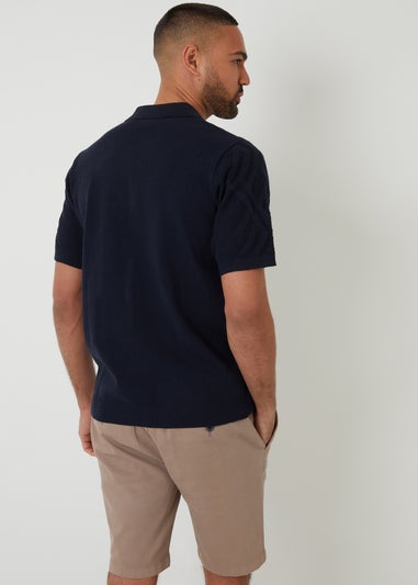 Threadbare Navy Textured Button Through Knitted Polo Shirt