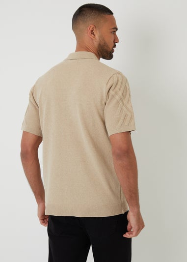 Threadbare Beige Textured Button Through Knitted Polo Shirt