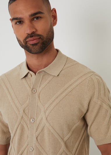 Threadbare Beige Textured Button Through Knitted Polo Shirt