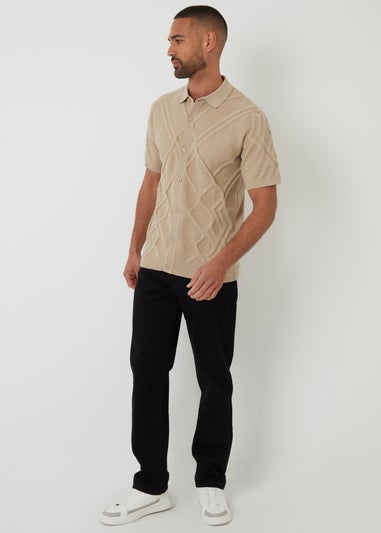 Threadbare Beige Textured Button Through Knitted Polo Shirt