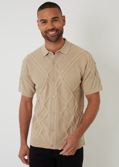 Threadbare Beige Textured Button Through Knitted Polo Shirt