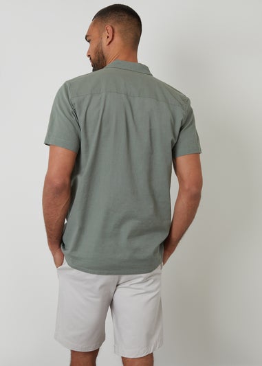 Threadbare Soft Green Linen Blend Palm Embroidered Short Sleeve Shirt