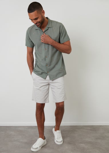 Threadbare Soft Green Linen Blend Palm Embroidered Short Sleeve Shirt
