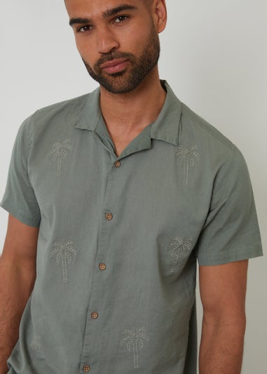 Threadbare Soft Green Linen Blend Palm Embroidered Short Sleeve Shirt