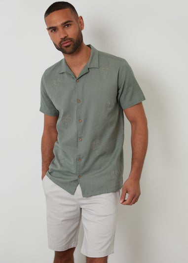 Threadbare Soft Green Linen Blend Palm Embroidered Short Sleeve Shirt