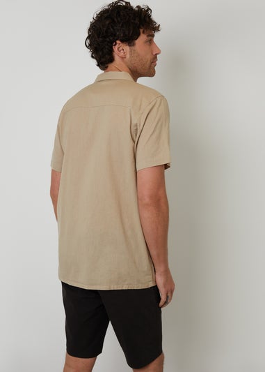 Threadbare Stone Linen Blend Palm Embroidered Short Sleeve Shirt