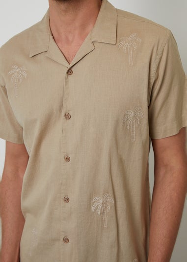 Threadbare Stone Linen Blend Palm Embroidered Short Sleeve Shirt