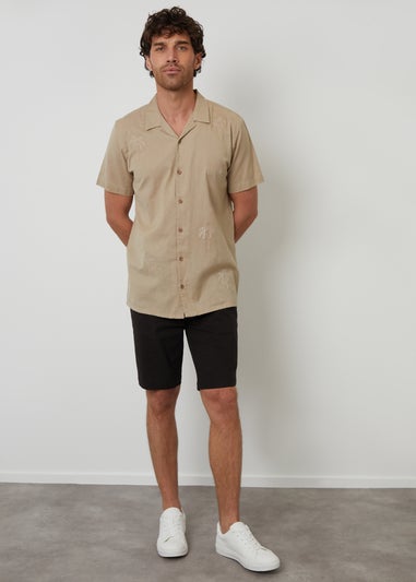 Threadbare Stone Linen Blend Palm Embroidered Short Sleeve Shirt