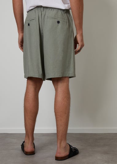 Threadbare Soft Green Linen Blend Pleated Loose Fit Shorts