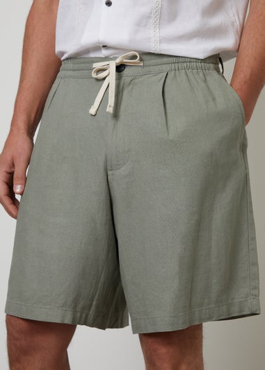 Threadbare Soft Green Linen Blend Pleated Loose Fit Shorts