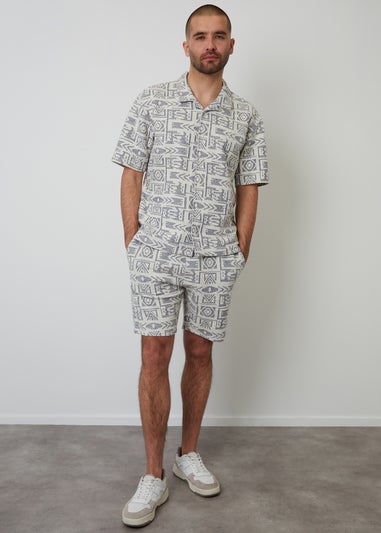 Threadbare Navy Printed Textured Relaxed Fit Short Sleeve Shirt
