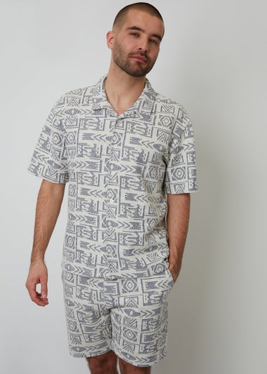 Threadbare Navy Printed Textured Relaxed Fit Short Sleeve Shirt