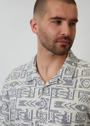 Threadbare Navy Printed Textured Relaxed Fit Short Sleeve Shirt