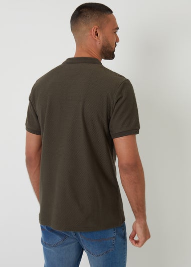 Threadbare Khaki Textured Cotton Quarter Zip Polo Shirt