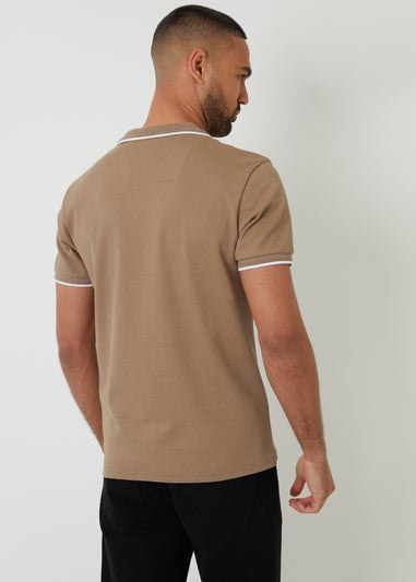 Threadbare Taupe Cotton Trophy Neck Polo Shirt