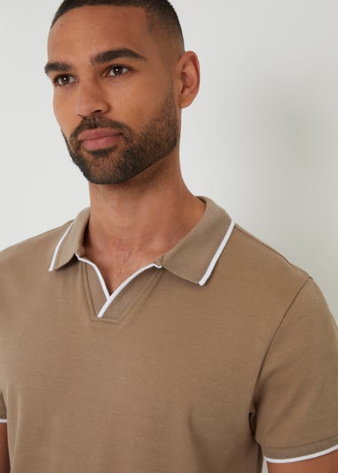 Threadbare Taupe Cotton Trophy Neck Polo Shirt