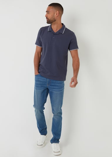 Threadbare Blue Cotton Contrast Revere Collar Polo Shirt